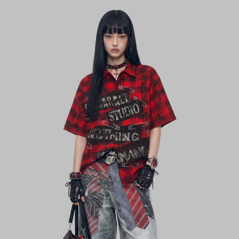 Kobine Unisex Grunge Plaid Print Turn Down Collar Shirt