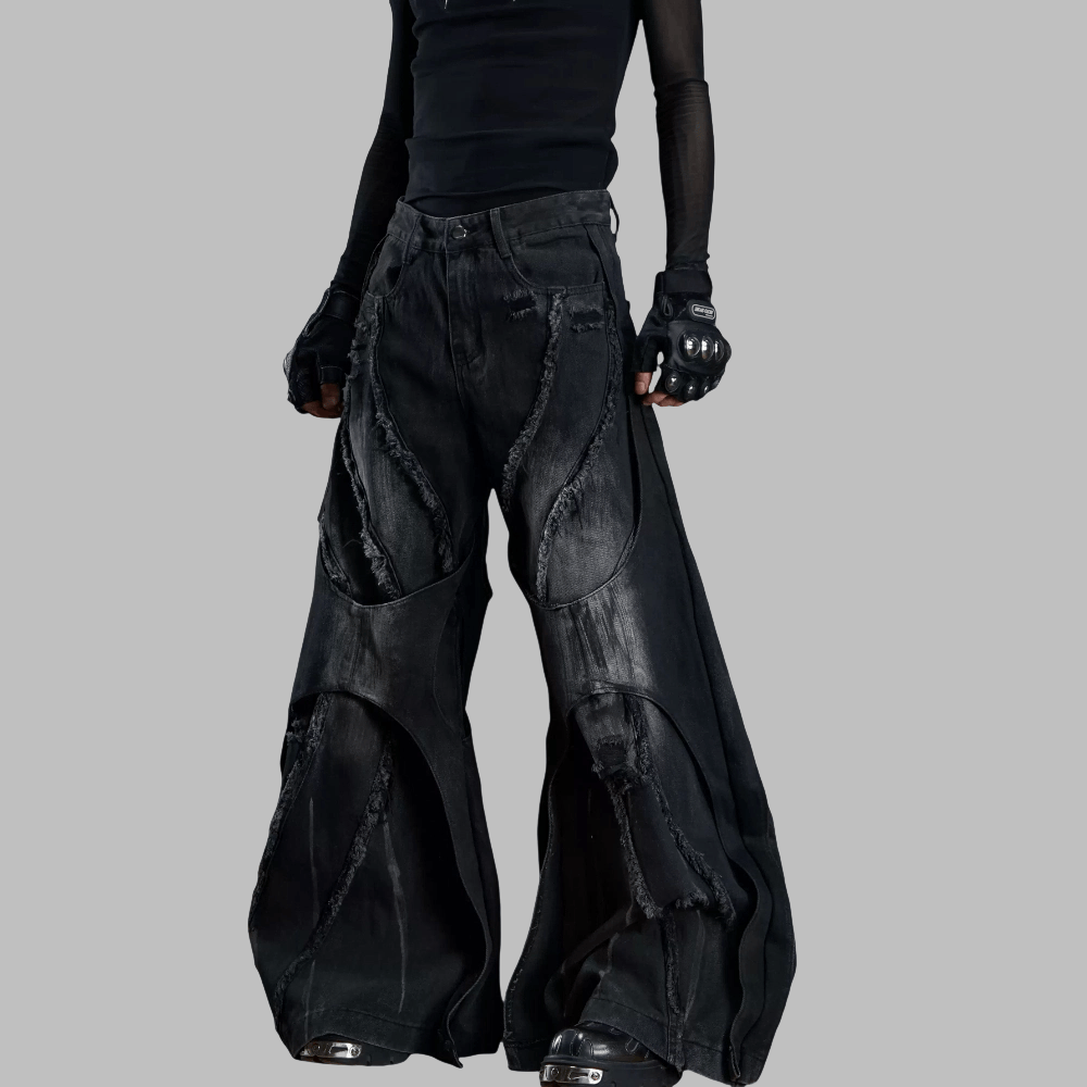 Kobine Unisex Grunge Raw Edge Double Layer Ultra Wide Leg Pants