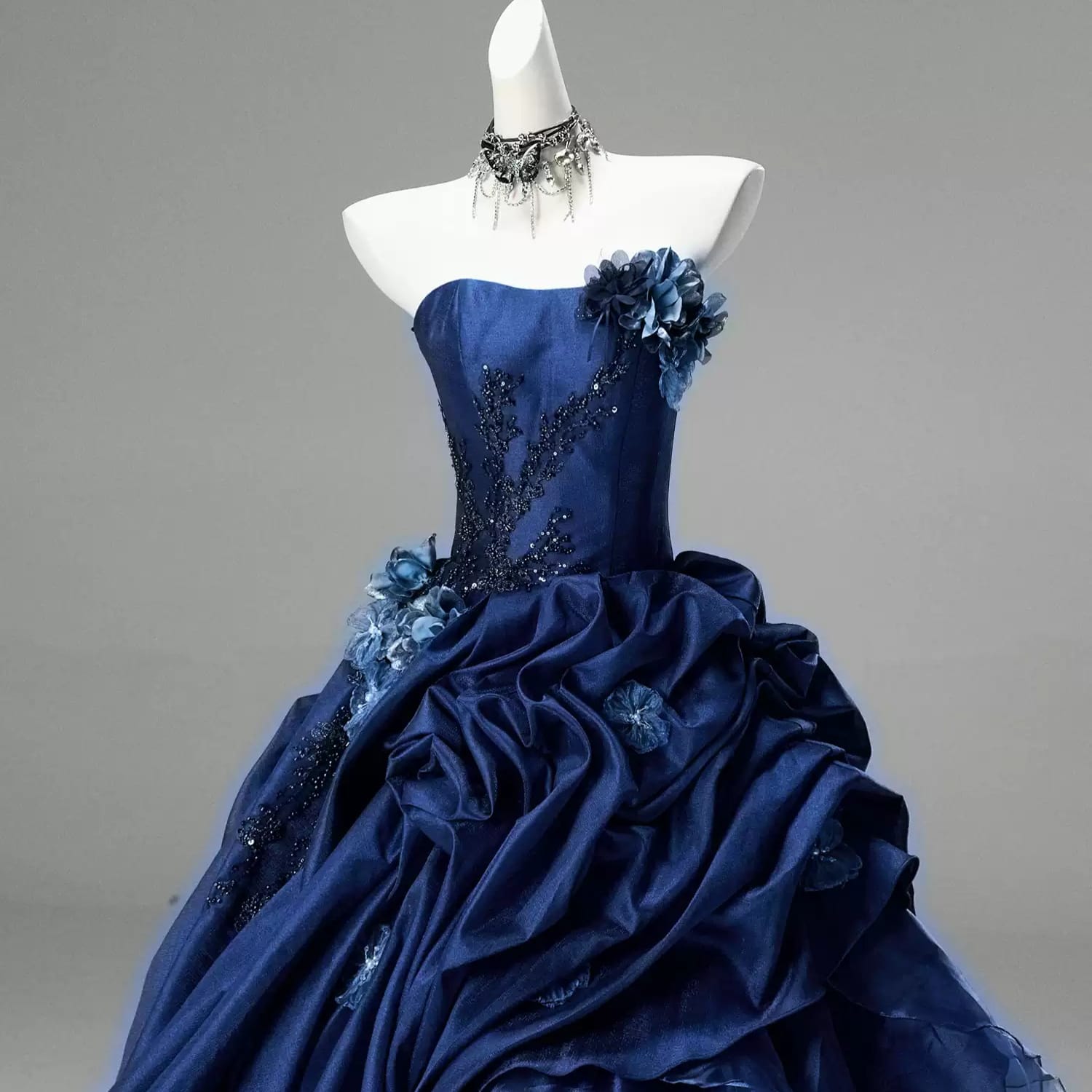 Kobine Women's Custom-made Gothic 3D Floral Layered Draped Strapless Ball Gown Graduation Dress