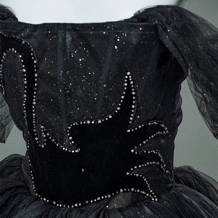 Kobine Women's Custom-made Gothic Black Swan Glittery Multi-layer Tulle Strapless Evening Gown