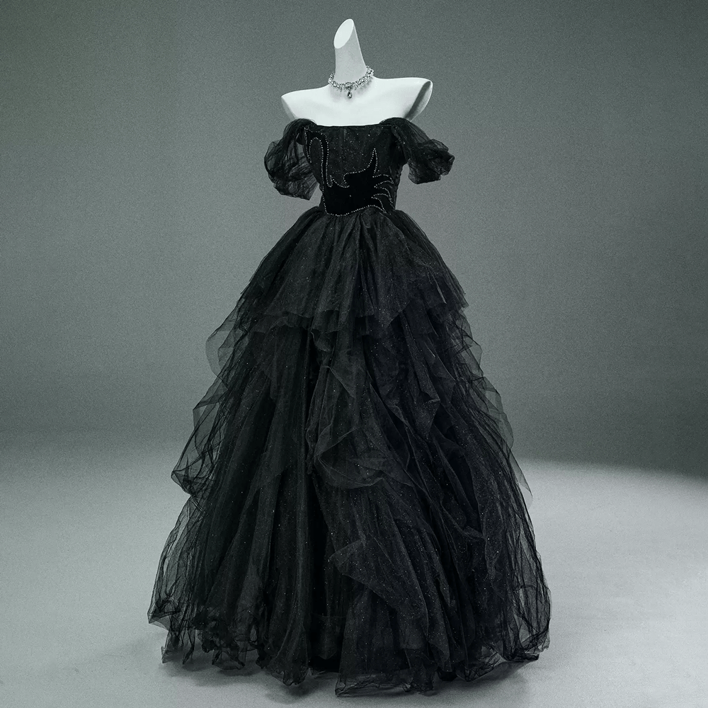 Kobine Women's Custom-made Gothic Black Swan Glittery Multi-layer Tulle Strapless Evening Gown