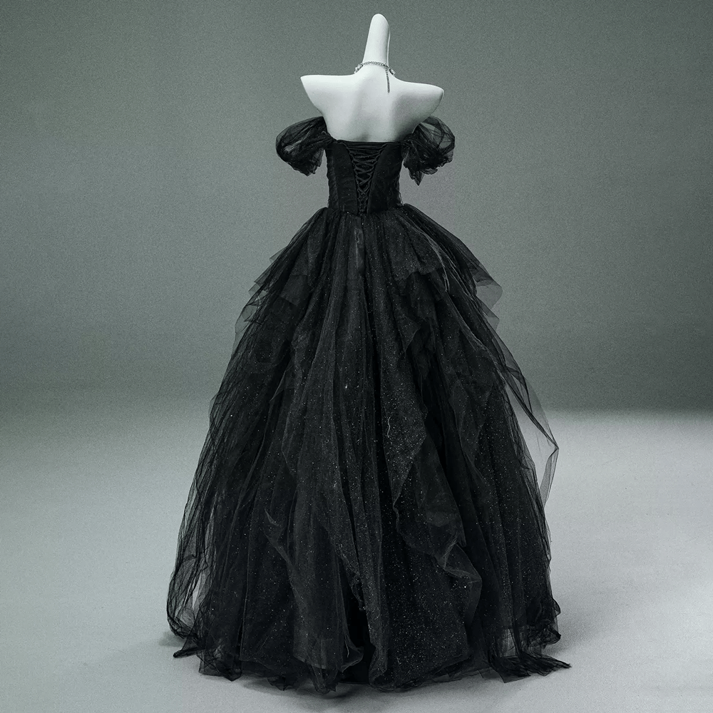 Kobine Women's Custom-made Gothic Black Swan Glittery Multi-layer Tulle Strapless Evening Gown