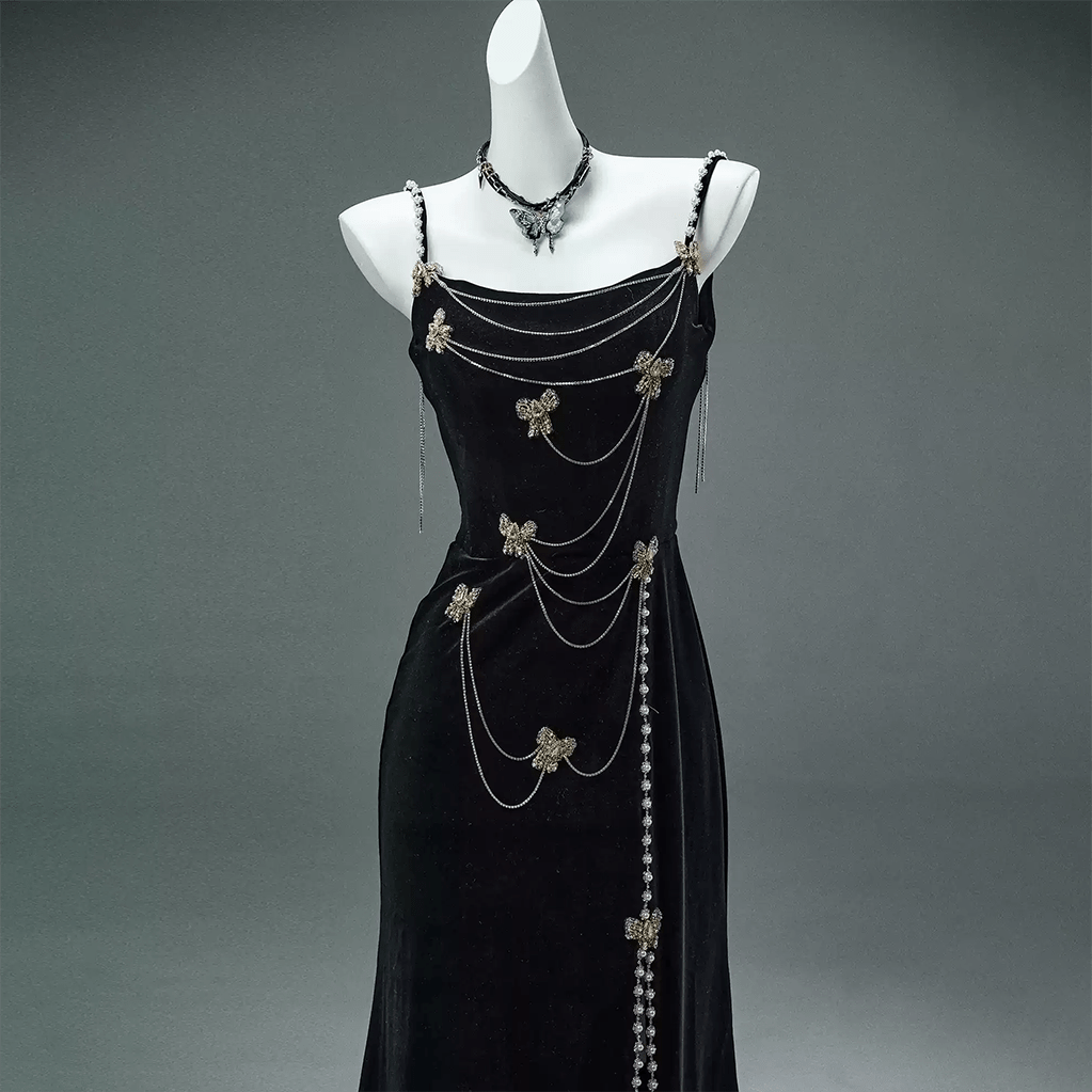 Kobine Women's Custom-made Vintage Gothic Butterfly Pearl Chain Slip Gown