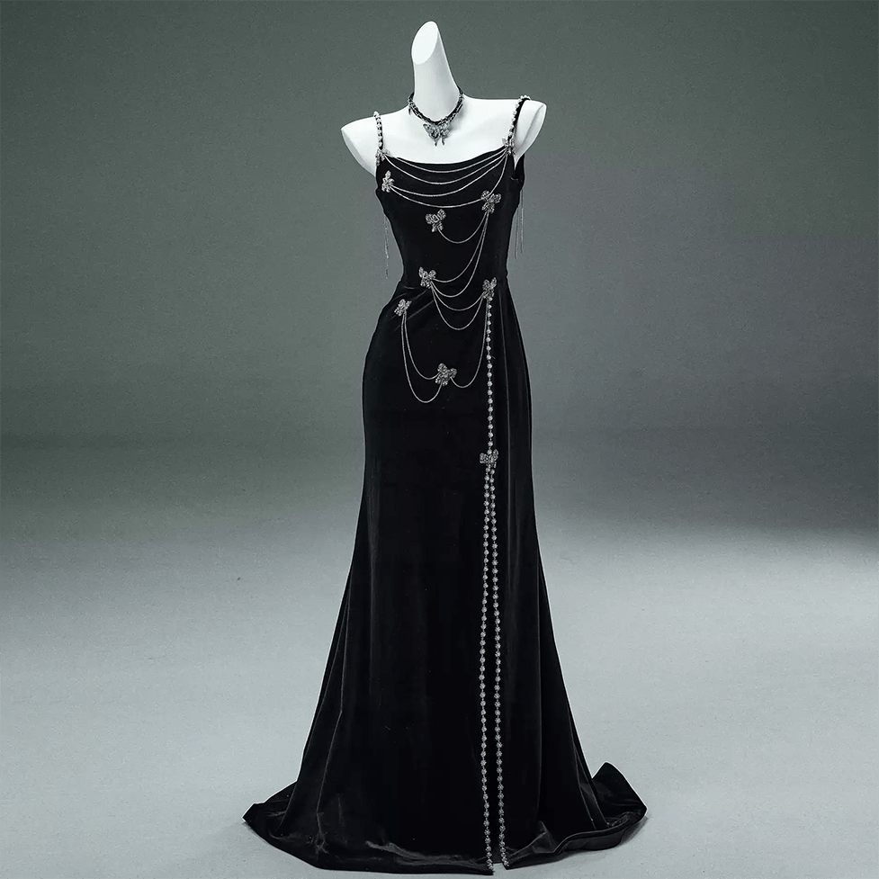 Kobine Women's Custom-made Vintage Gothic Butterfly Pearl Chain Slip Gown