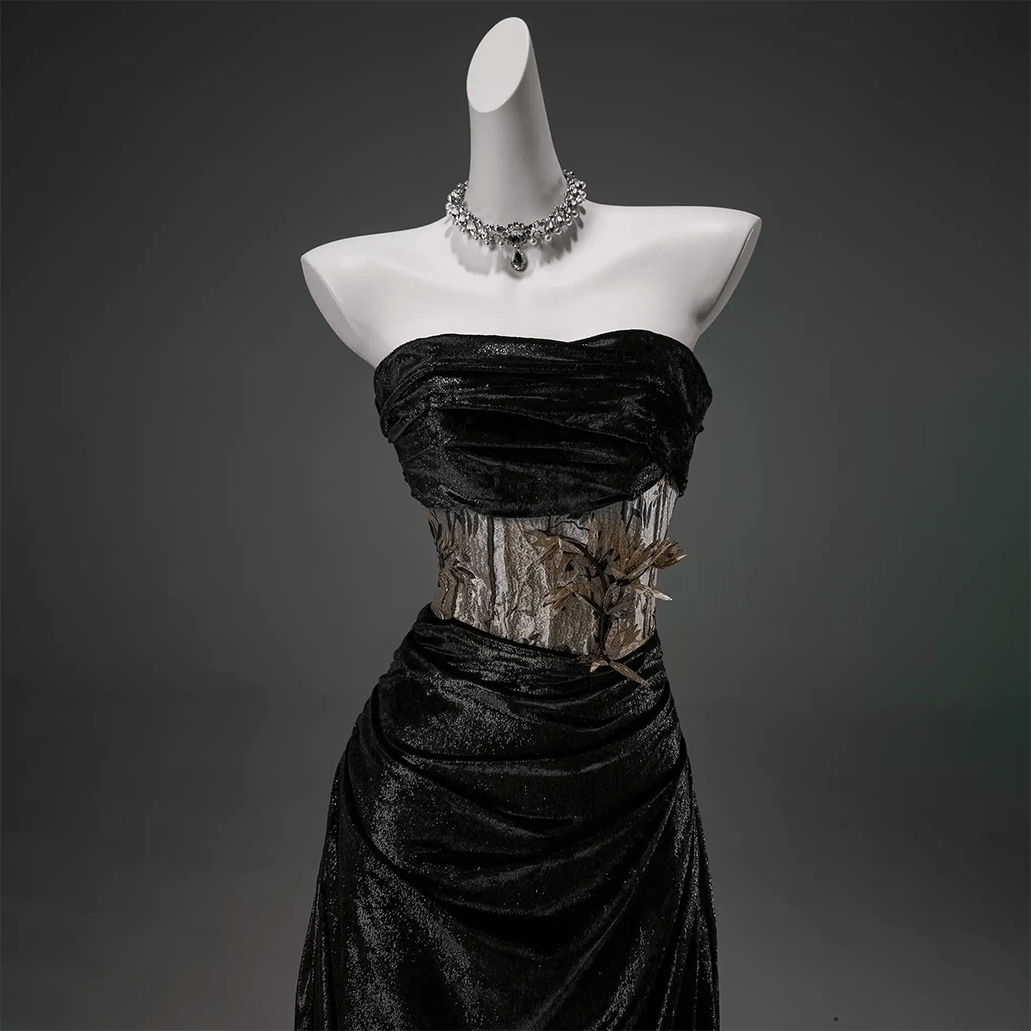 Kobine Women's Custom-made Vintage Gothic Lucky Bamboo Off Shoulder Strapless Velvet Gown