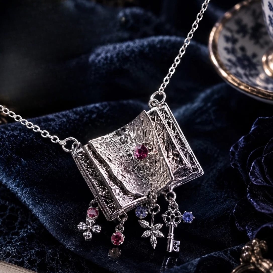 Kobine Women's Gothic 3D Rhinestone Key Floral Open‑Book Pendant Necklace