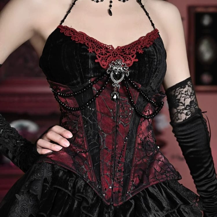 Kobine Women's Gothic Beaded Cobweb Underbust Corset