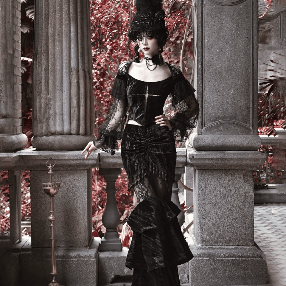 Women's Gothic Beaded Fringe Floral Lace Panel Mermaid Skirt - Punk Design