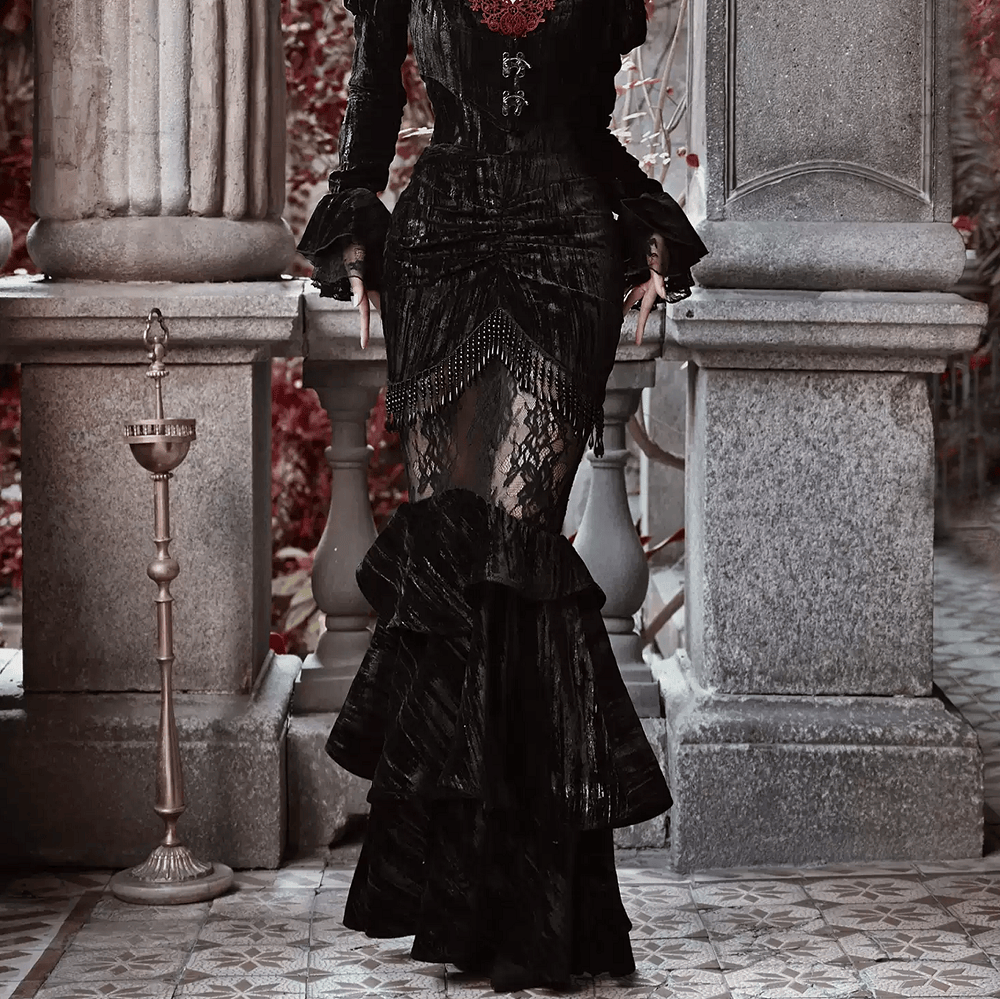 Women's Gothic Beaded Fringe Floral Lace Panel Mermaid Skirt - Punk Design