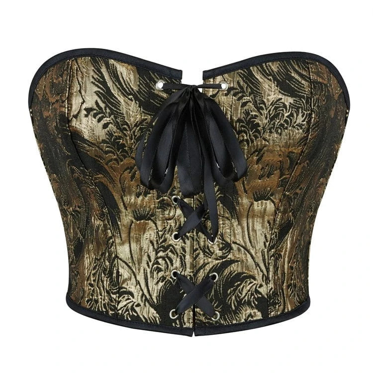 Kobine Women's Gothic Black-gold Floral Printed Overbust Corset