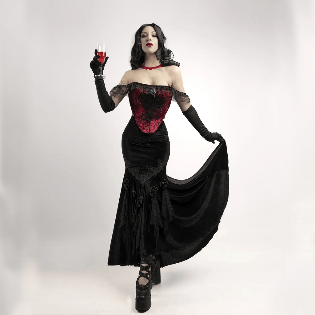 Kobine Women's Gothic Black Rose Embroidered Fishtail Maxi Skirt