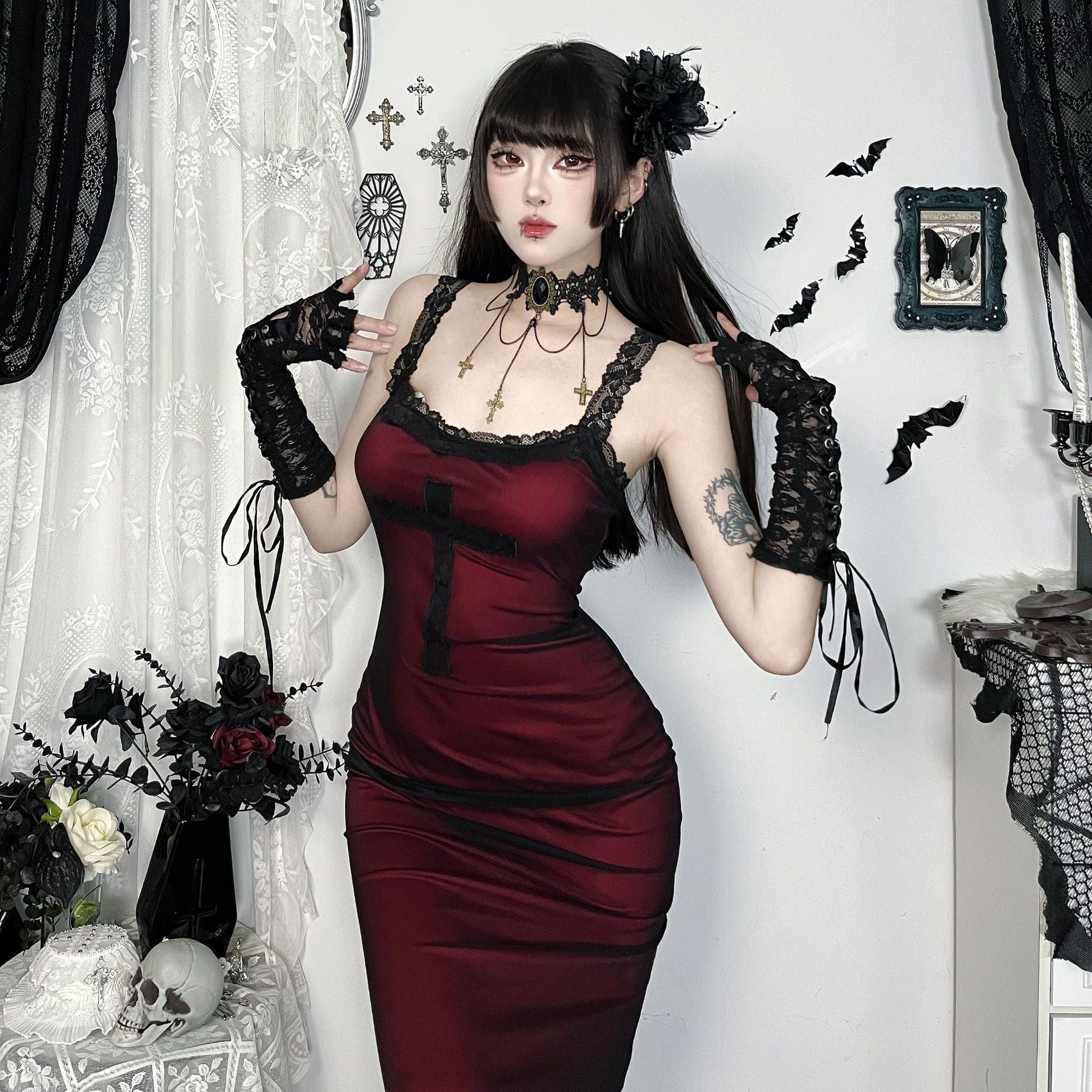 Kobine Women's Gothic Cross Lace Splice Evening Slip Dress