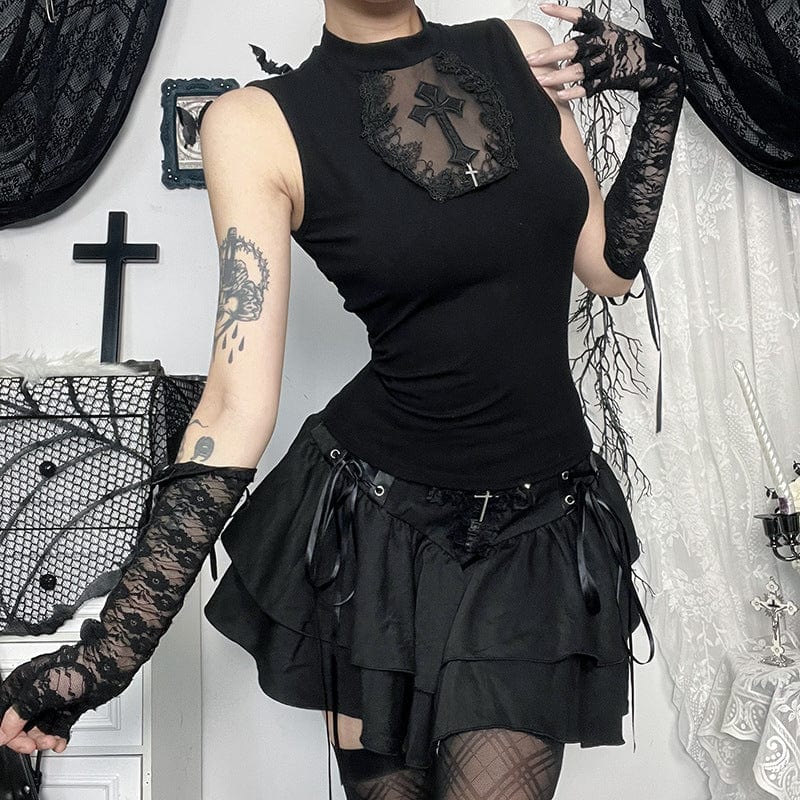 Kobine Women's Gothic Cross Mesh Splice Tank Top