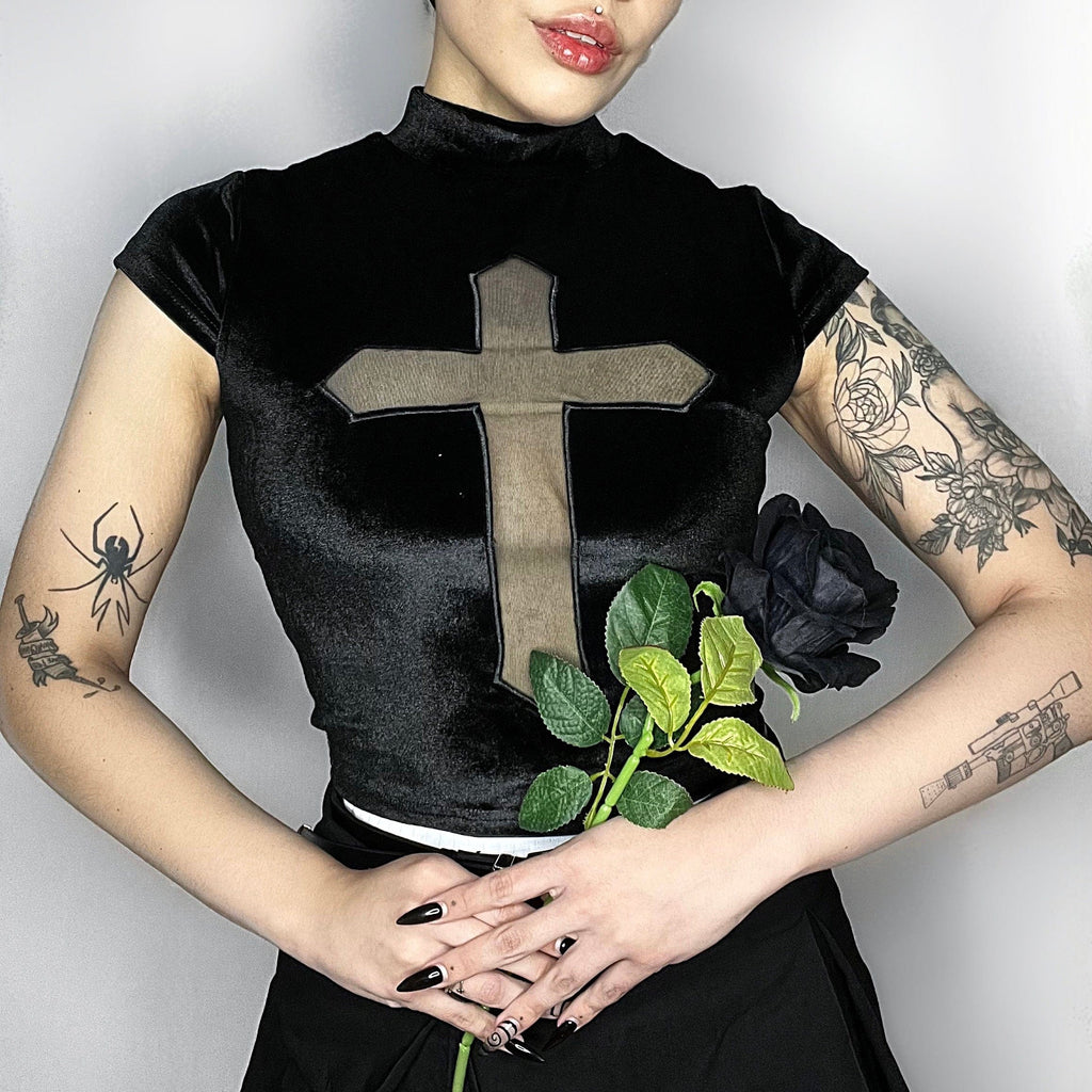 Kobine Women's Gothic Cross Mesh Splice Velvet Shirt