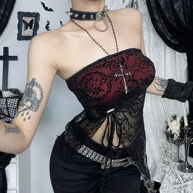 Kobine Women's Gothic Drawstring Flocking Mesh Bustier