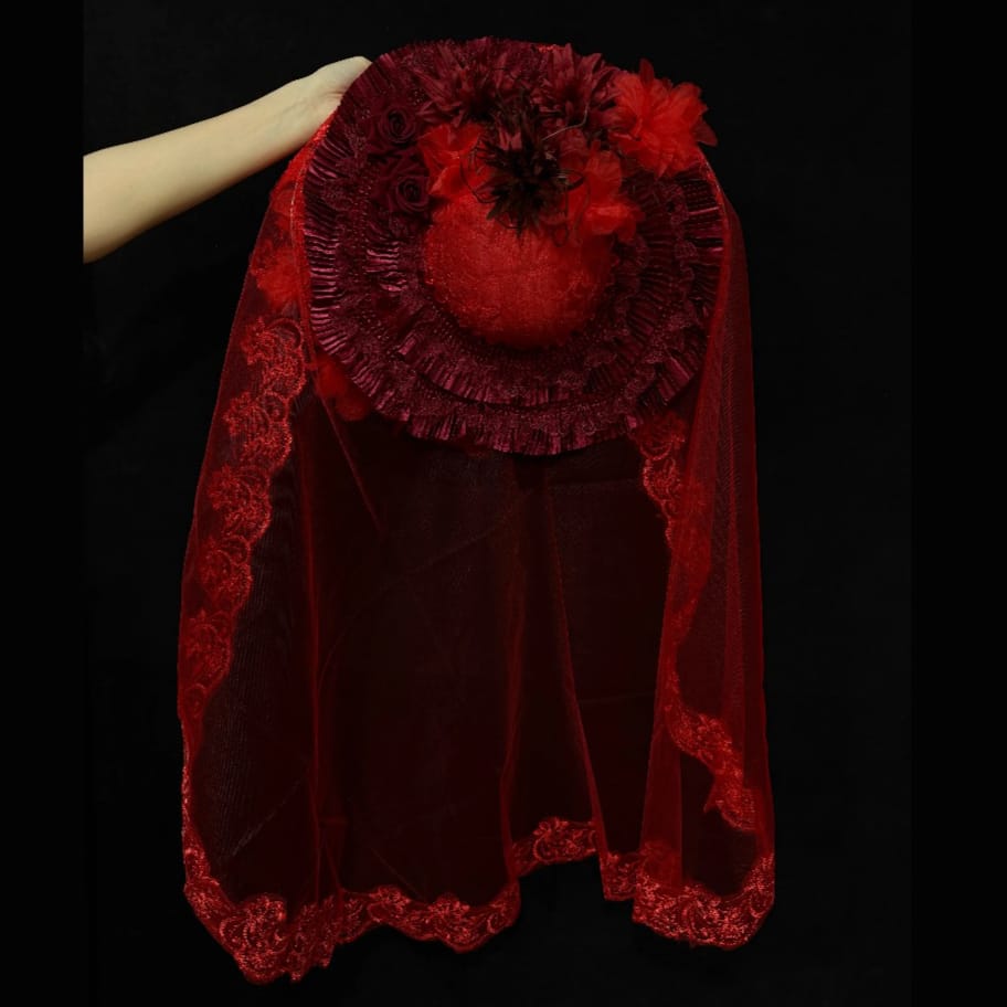 Kobine Women's Gothic Floral Beaded Tassel Wide Brim Veiled Hat