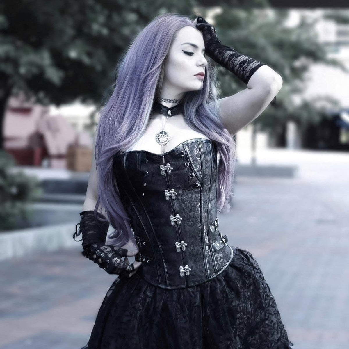 Women's Gothic Rivets Floral Overbust Corsets with Lace Choker main image 0