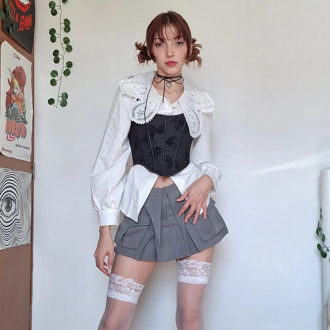 Kobine Women's Gothic Floral Printed Halterneck Overbust Corset