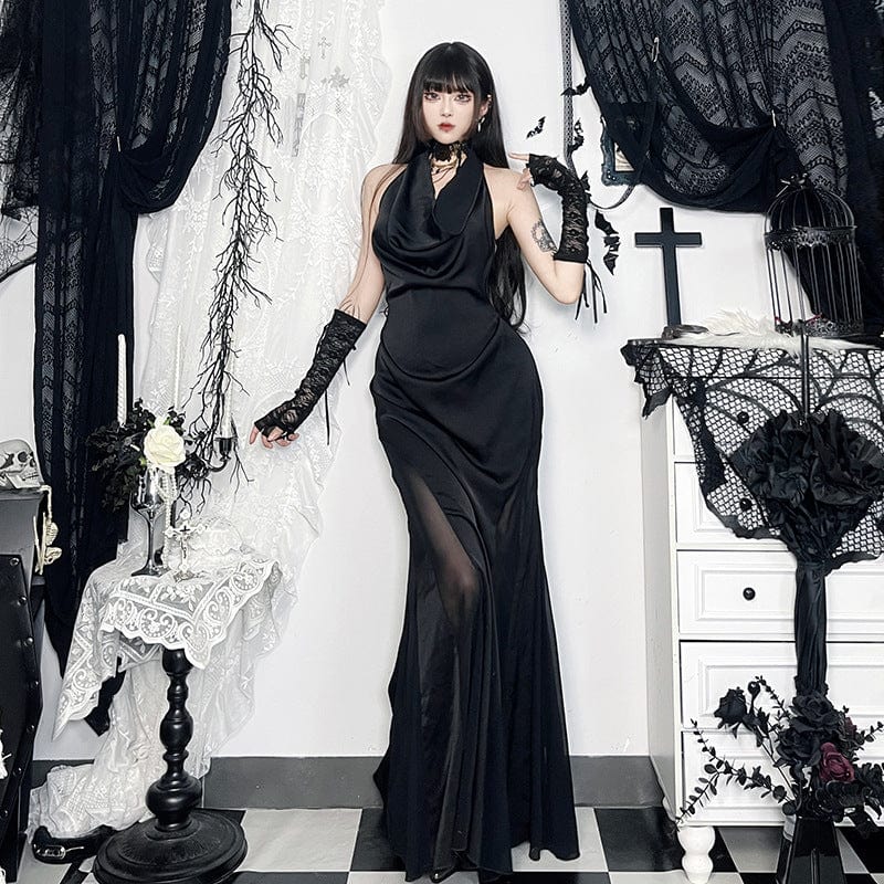 Kobine Women's Gothic Halterneck Mesh Splice Prom Dress