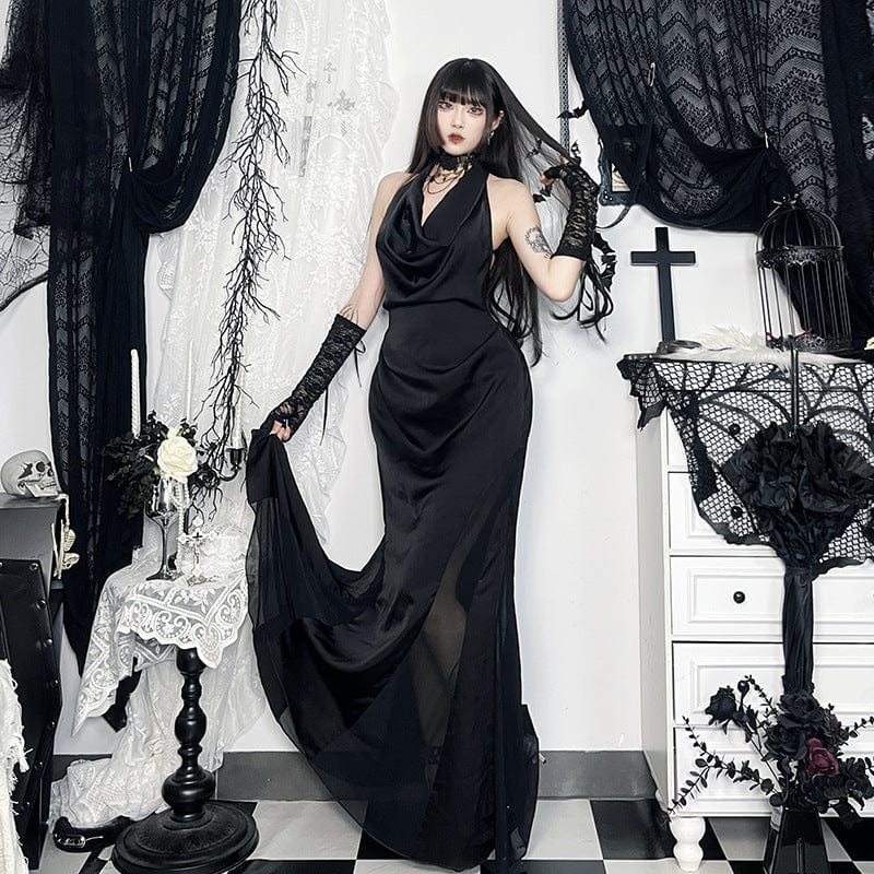 Kobine Women's Gothic Halterneck Mesh Splice Prom Dress