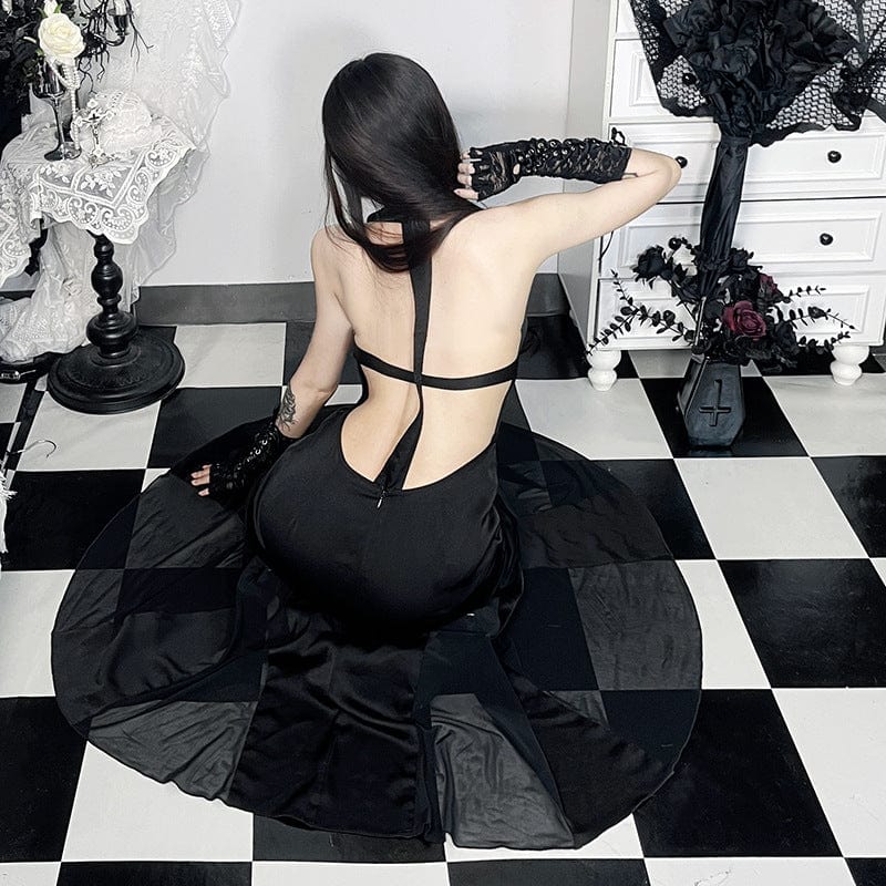 Kobine Women's Gothic Halterneck Mesh Splice Prom Dress