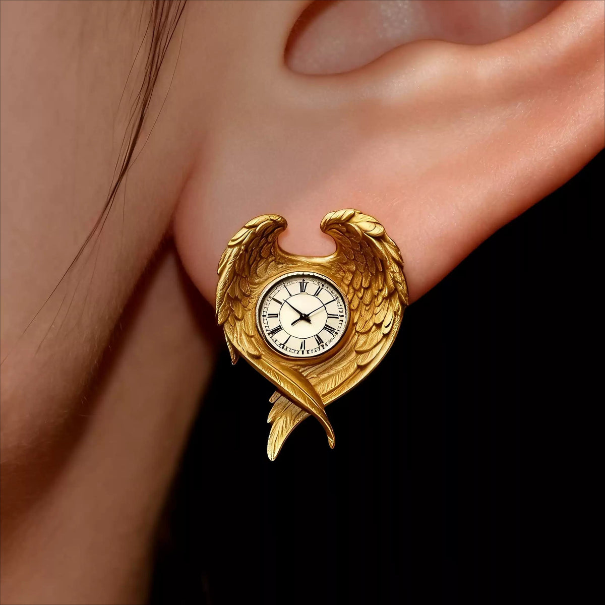 Kobine Women's Gothic Heart‑Shaped Carved Wing Clock Post Earrings