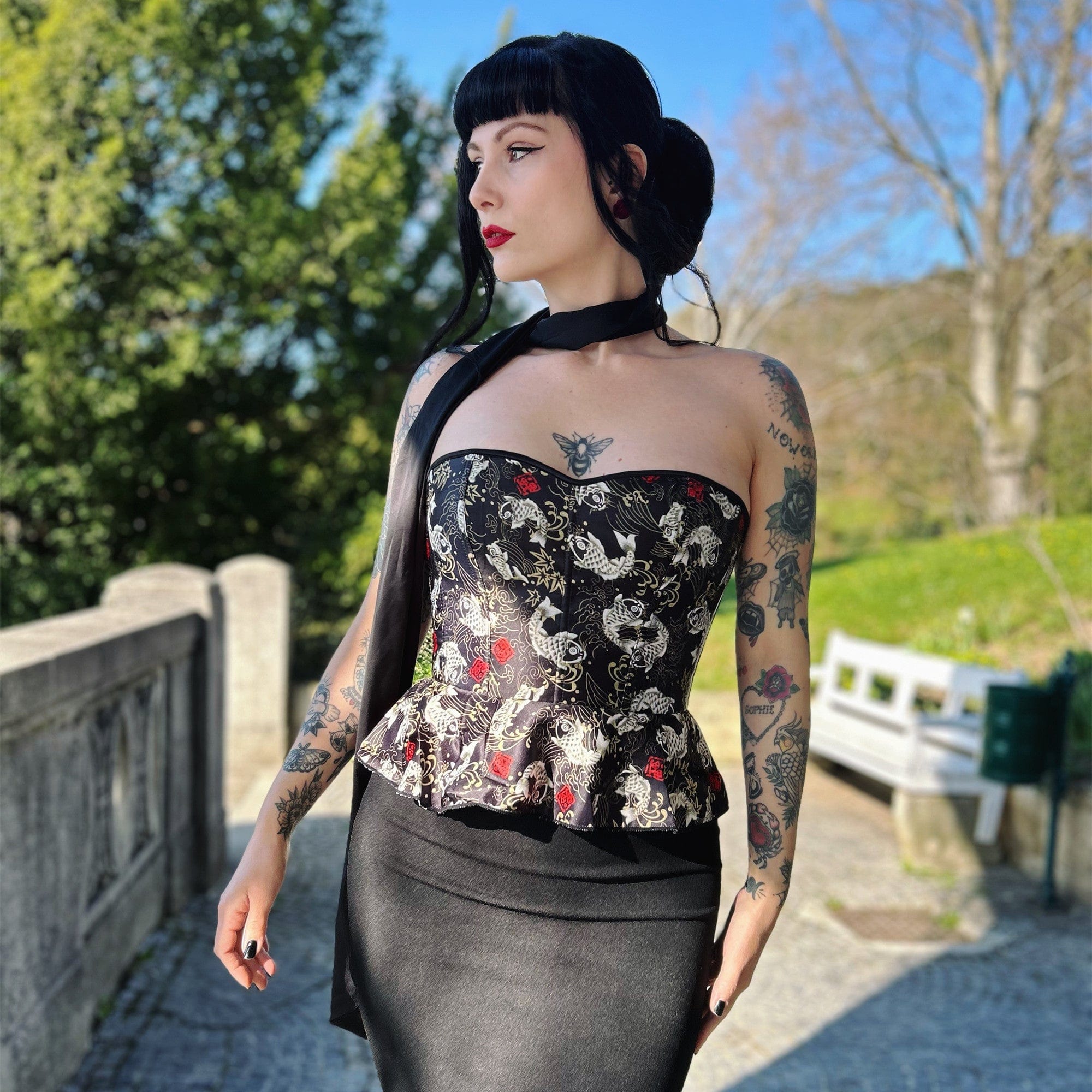 Kobine Women's Gothic Koi Fish Printed Ruffled Overbust Corset