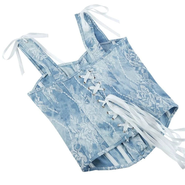 Kobine Women's Gothic Lace Splice Denim Overbust Corset