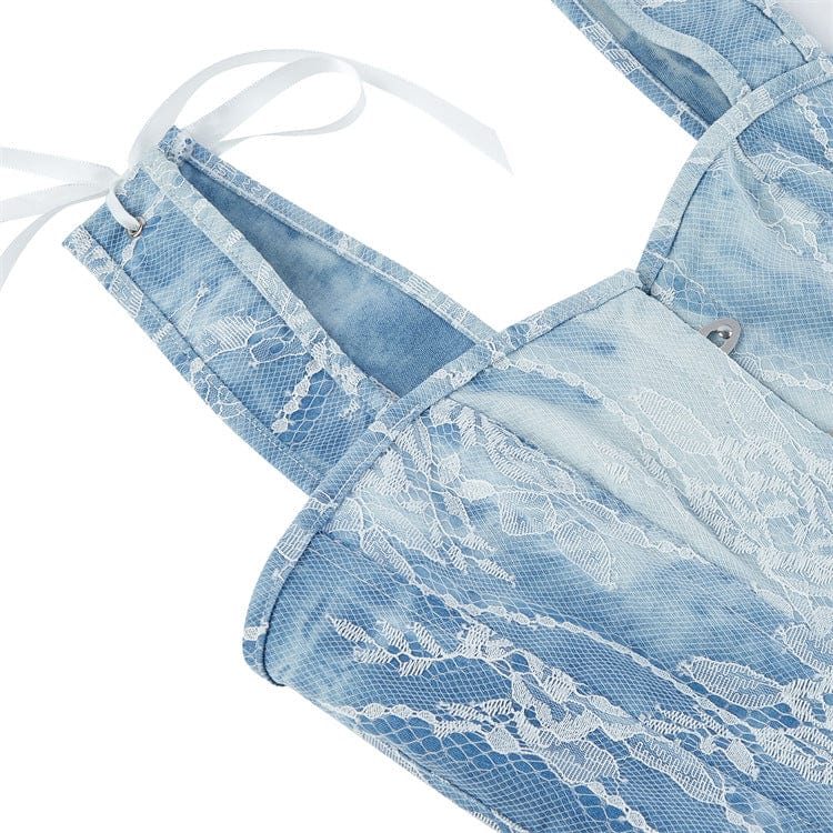 Kobine Women's Gothic Lace Splice Denim Overbust Corset