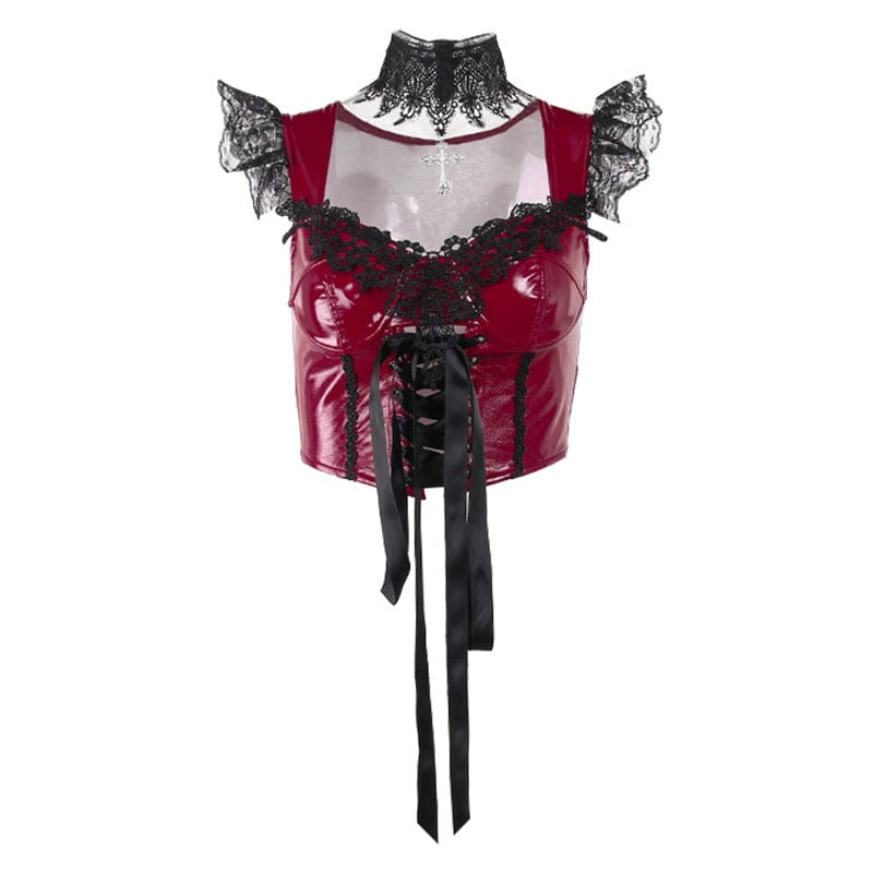Kobine Women's Gothic Lace Splice Patent Leather Bustier with Lace Choker
