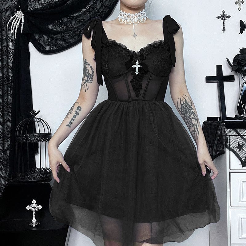 Kobine Women's Gothic Lace-up Mesh Splice Ruffled Dress