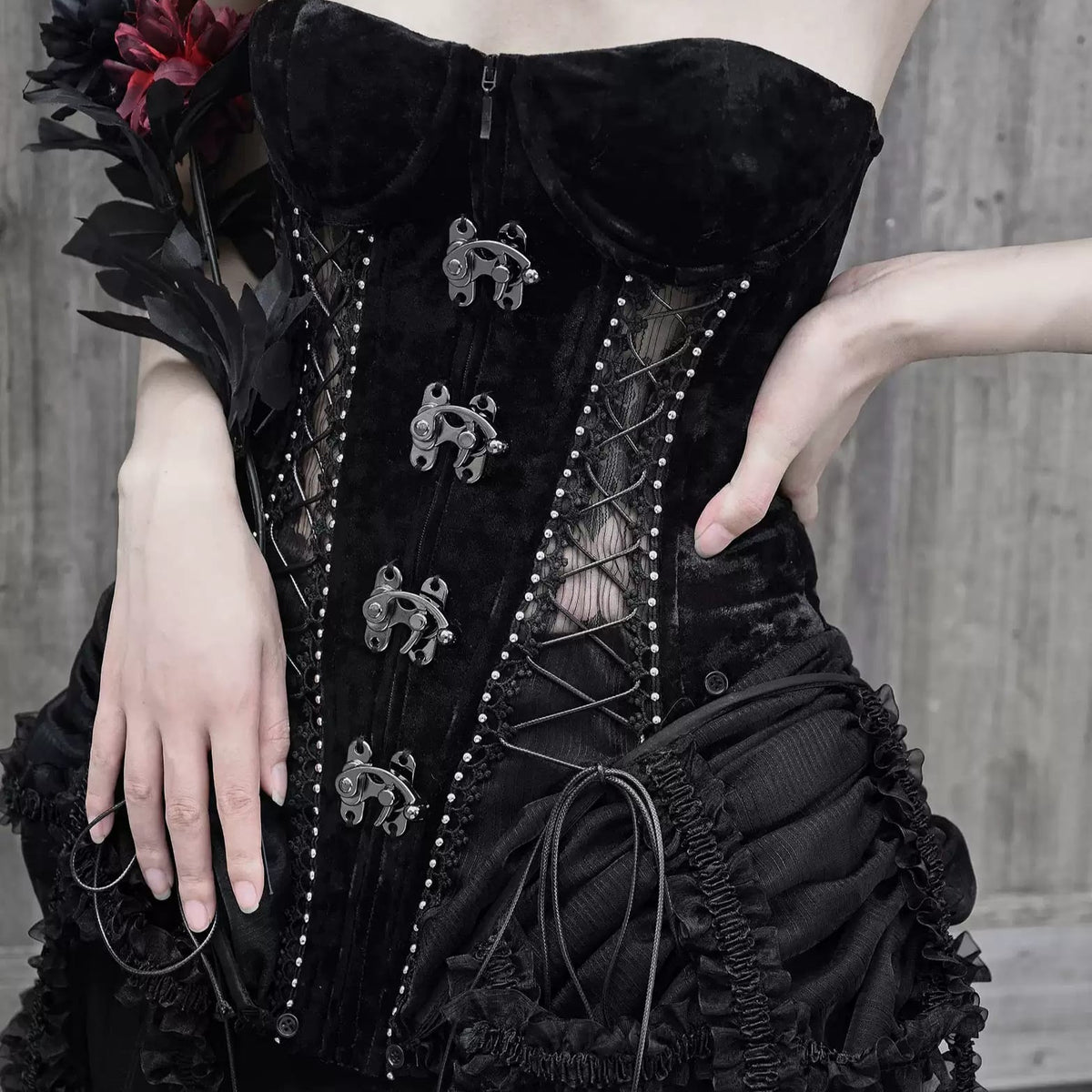Kobine Women's Gothic Lace-up Metal Buckle Mesh Panel Overbust Corset