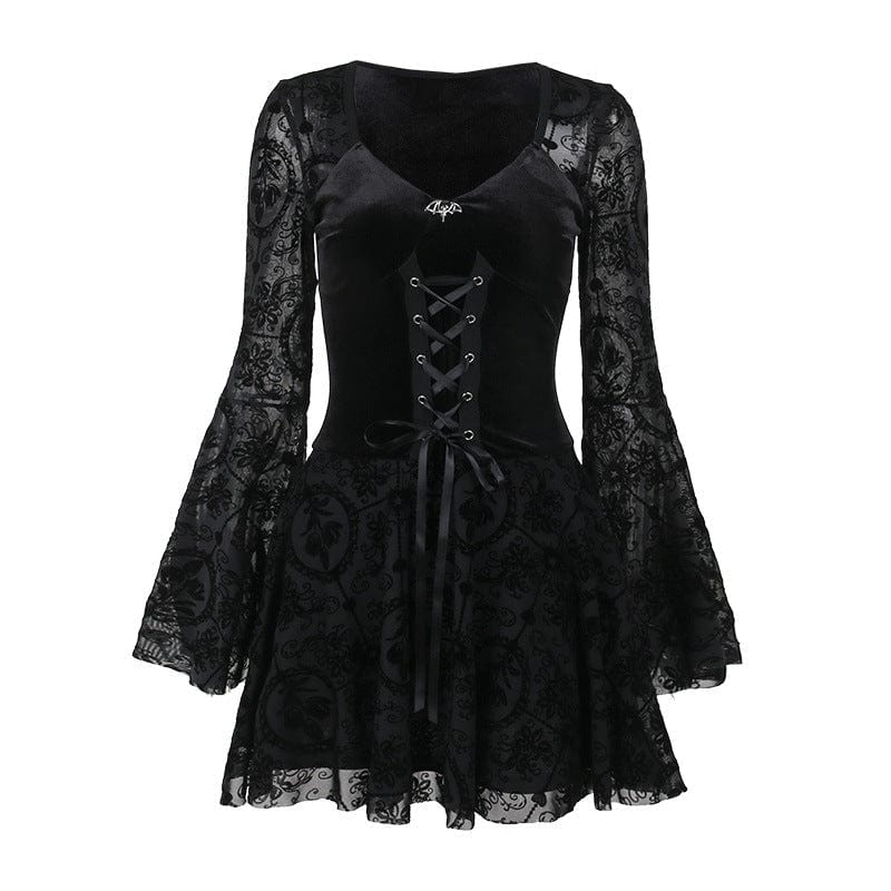 Kobine Women's Gothic Lace-up Velvet Splice Long Sleeved Dress