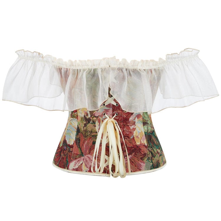 Kobine Women's Gothic Printed Off Shoulder Lace Sleeved Lace-up Overbust Corset