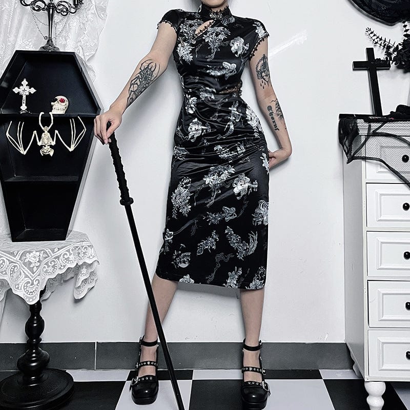 Kobine Women's Gothic Printed Splice Slim-fitted Long Dress
