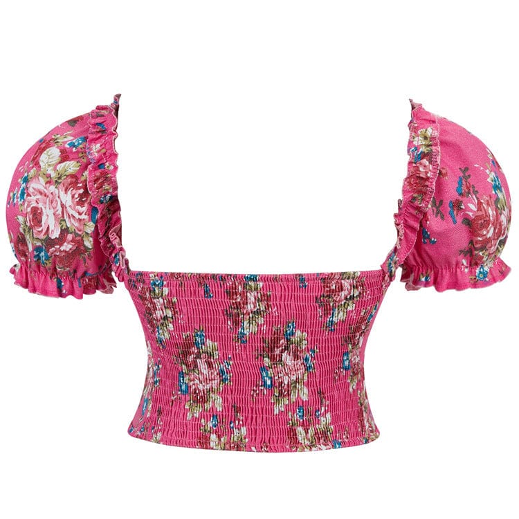 Kobine Women's Gothic Puff Sleeved Floral Printed Overbust Corset