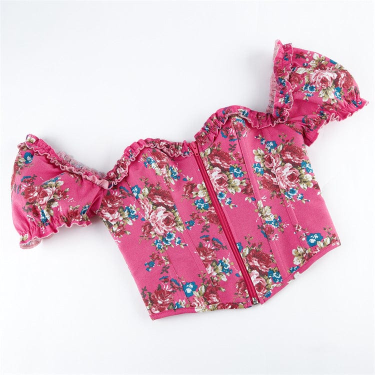 Kobine Women's Gothic Puff Sleeved Floral Printed Overbust Corset