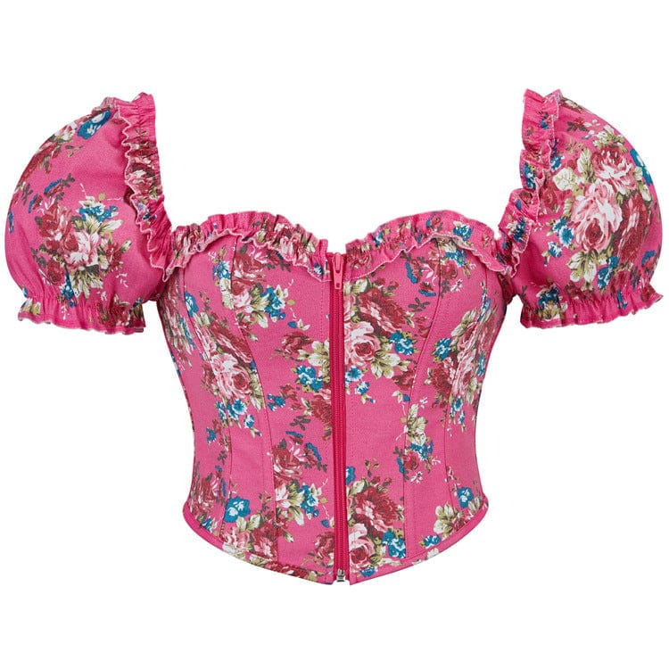 Kobine Women's Gothic Puff Sleeved Floral Printed Overbust Corset