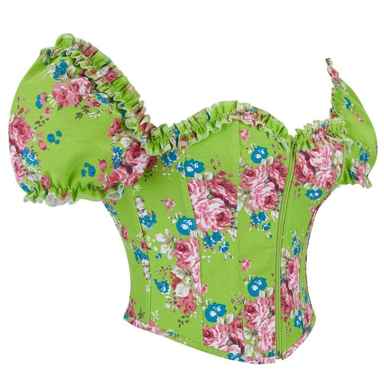 Kobine Women's Gothic Puff Sleeved Floral Printed Overbust Corset