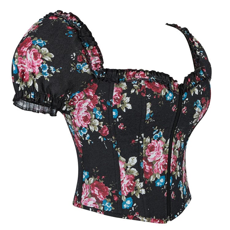 Kobine Women's Gothic Puff Sleeved Floral Printed Overbust Corset