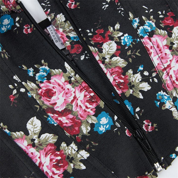 Kobine Women's Gothic Puff Sleeved Floral Printed Overbust Corset