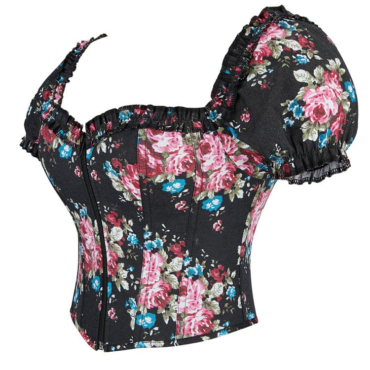 Kobine Women's Gothic Puff Sleeved Floral Printed Overbust Corset