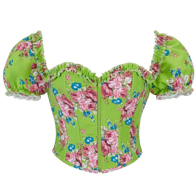Kobine Women's Gothic Puff Sleeved Floral Printed Overbust Corset
