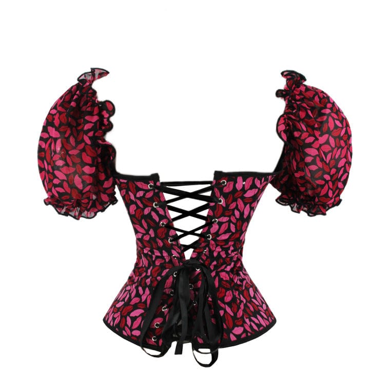 Kobine Women's Gothic Puff Sleeved Lips Printed Overbust Corset