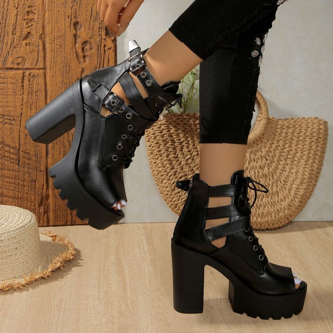 Kobine Women's Gothic Punk Lace-up Buckles Peep-toe Boots