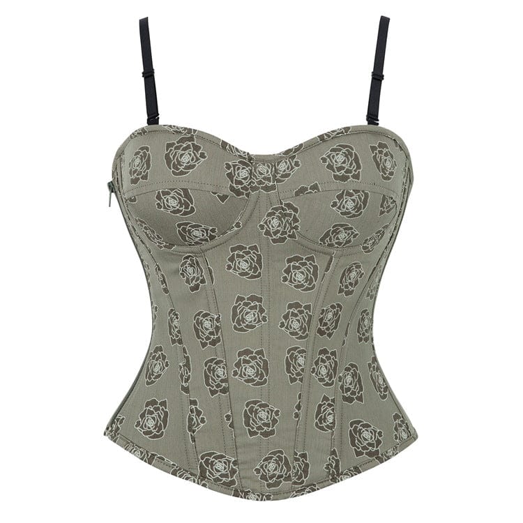 Kobine Women's Gothic Rose Printed Side Zipper Lace-up Overbust Corset