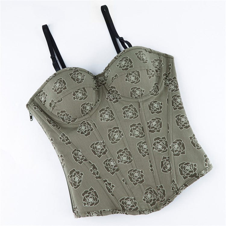 Kobine Women's Gothic Rose Printed Side Zipper Lace-up Overbust Corset