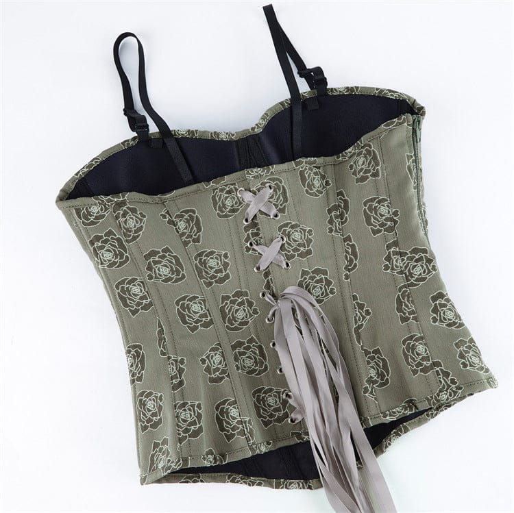 Kobine Women's Gothic Rose Printed Side Zipper Lace-up Overbust Corset