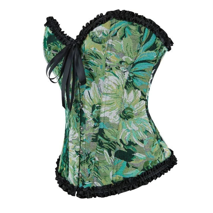 Kobine Women's Gothic Ruffled Floral Printed Lace-up Overbust Corset