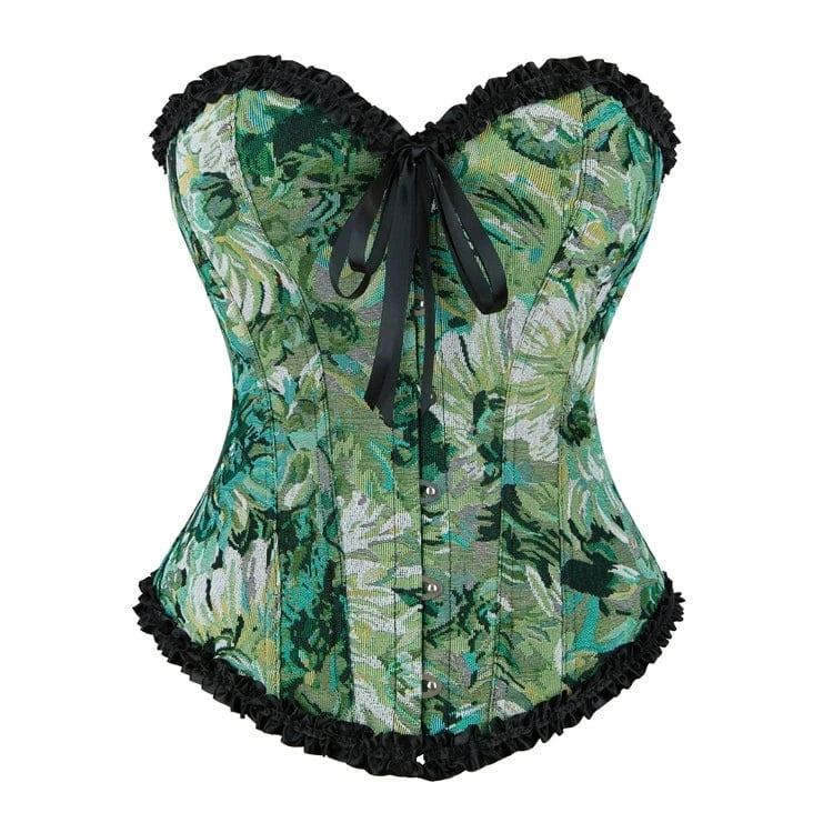 Kobine Women's Gothic Ruffled Floral Printed Lace-up Overbust Corset